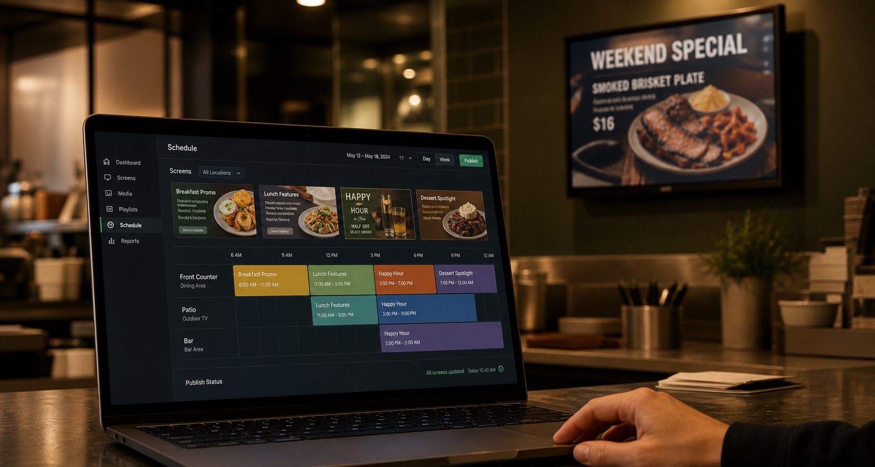 Laptop dashboard for restaurant digital signage scheduling and remote publishing