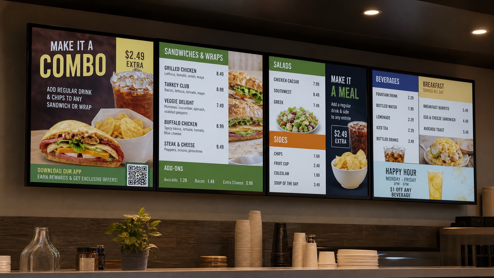 Restaurant wall with multiple digital menu boards and promotion screens