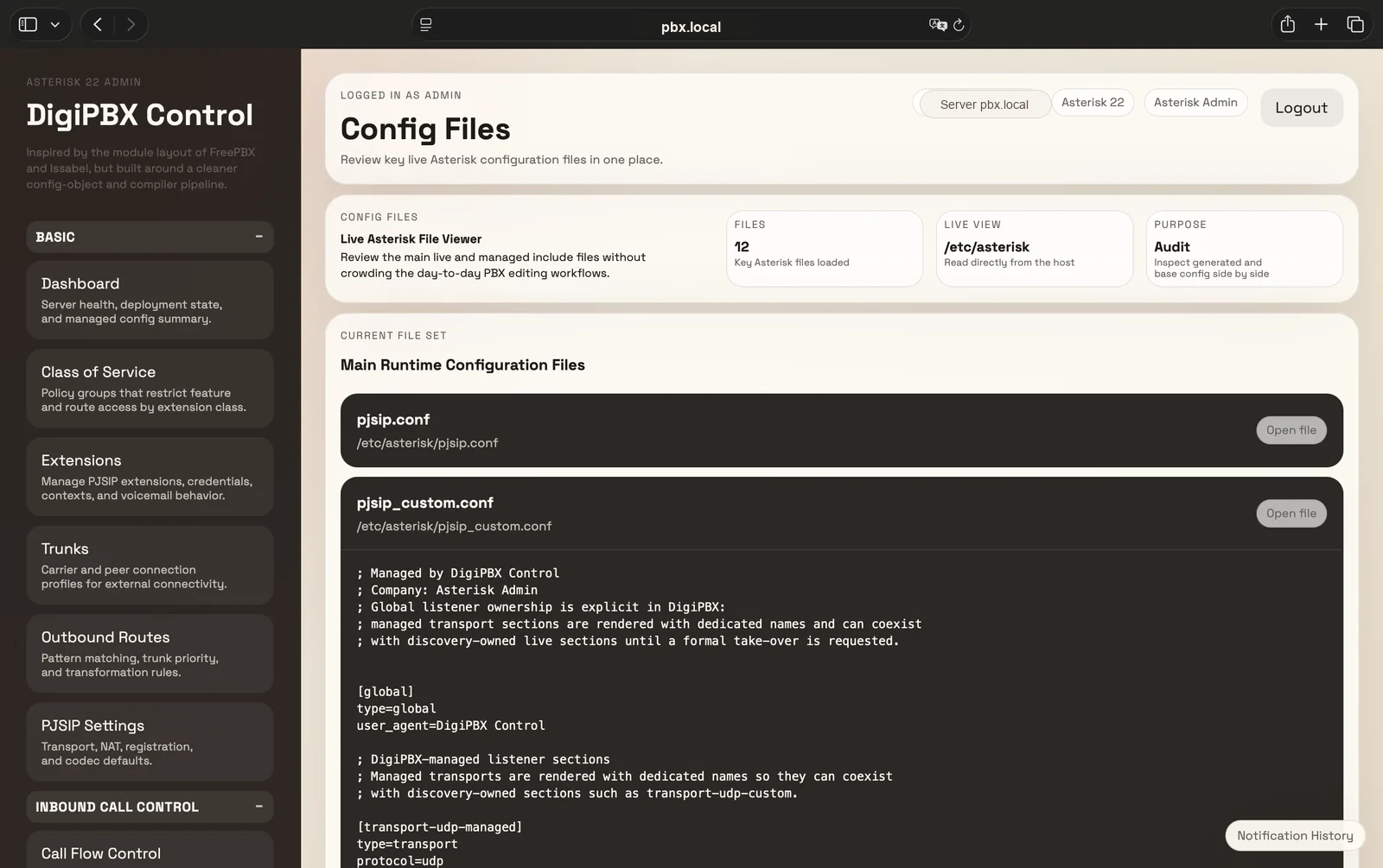 DigiPBX Control config file preview screenshot