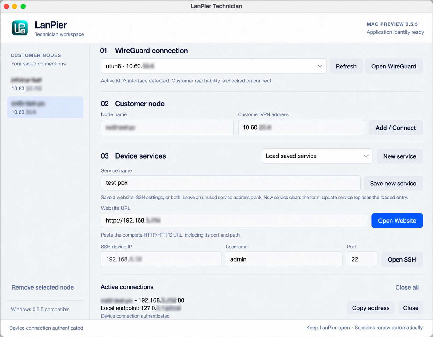 LanPier Technician macOS preview with redacted customer nodes, internal addresses, web service, SSH settings, and an active connection
