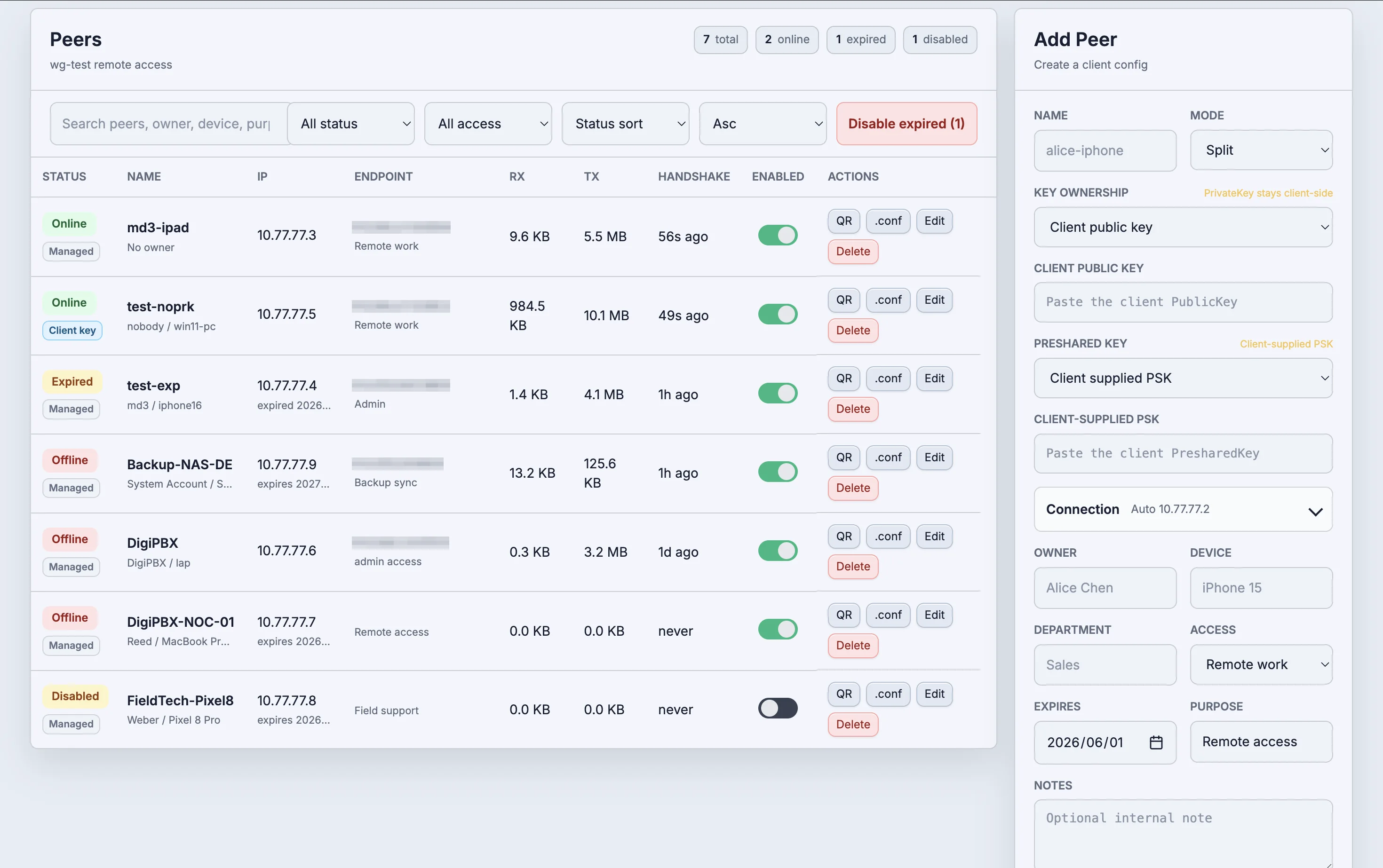 WG Mini UI light theme peers overview with add peer panel